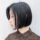 ブルーブラックワンレンボブ_耳かけウェーブパーマ_ba289283