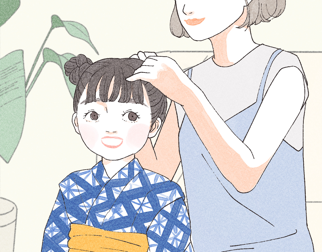 浴衣姿の子供向けヘアアレンジガイド。自宅でできるアレンジ方法のイラスト付き