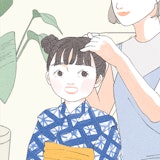 浴衣姿の子供向けヘアアレンジガイド。自宅でできるアレンジ方法のイラスト付き