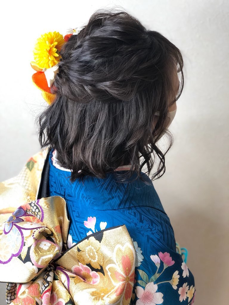 成人式　着付　ヘアセット　ハーフアップ　ボブ　波ウェーブ