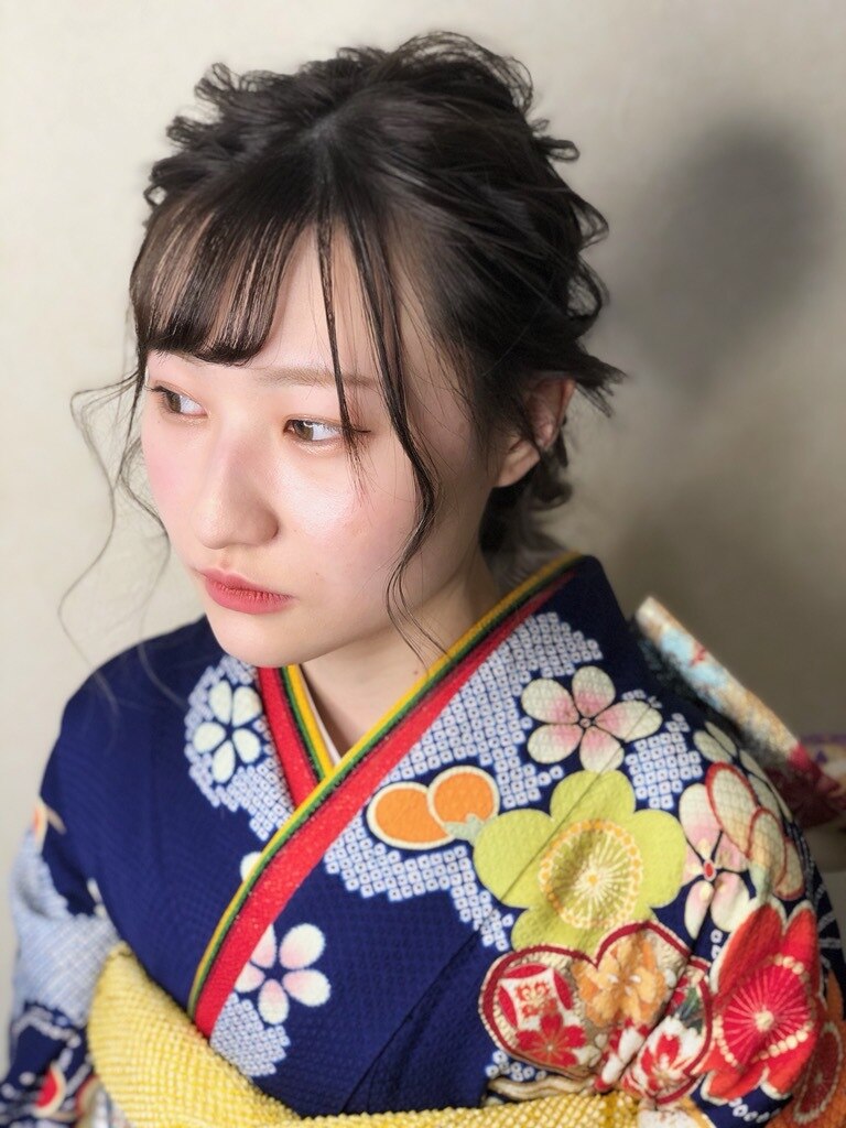 成人式　着付　ヘアセット　編みおろし　ハイトーン　