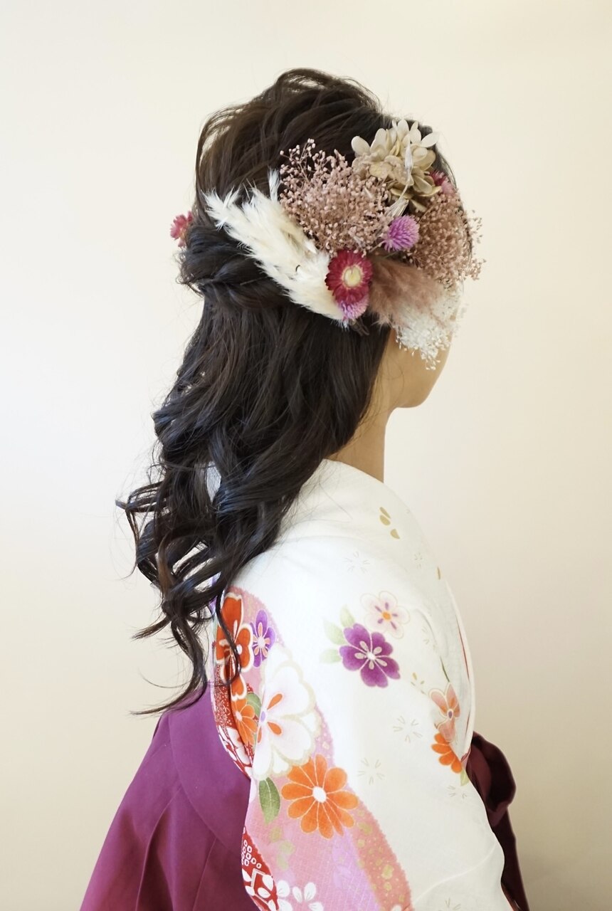 ドライフラワーアレンジ ハーフアップ　袴　着付け