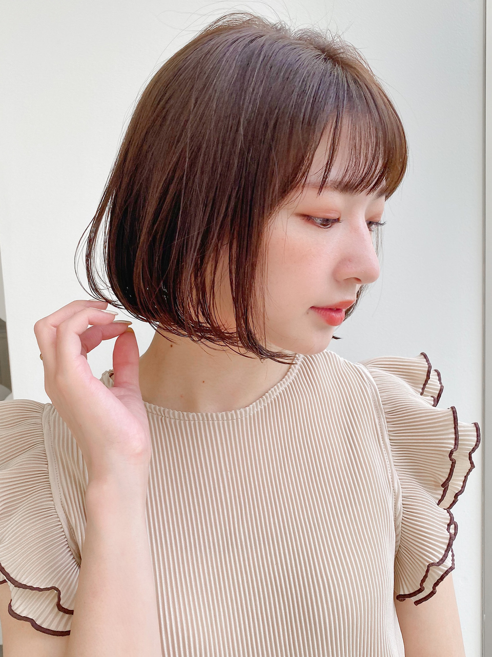 小顔前髪Aラインボブイヤリングカラーかきあげマロンベージュ♪