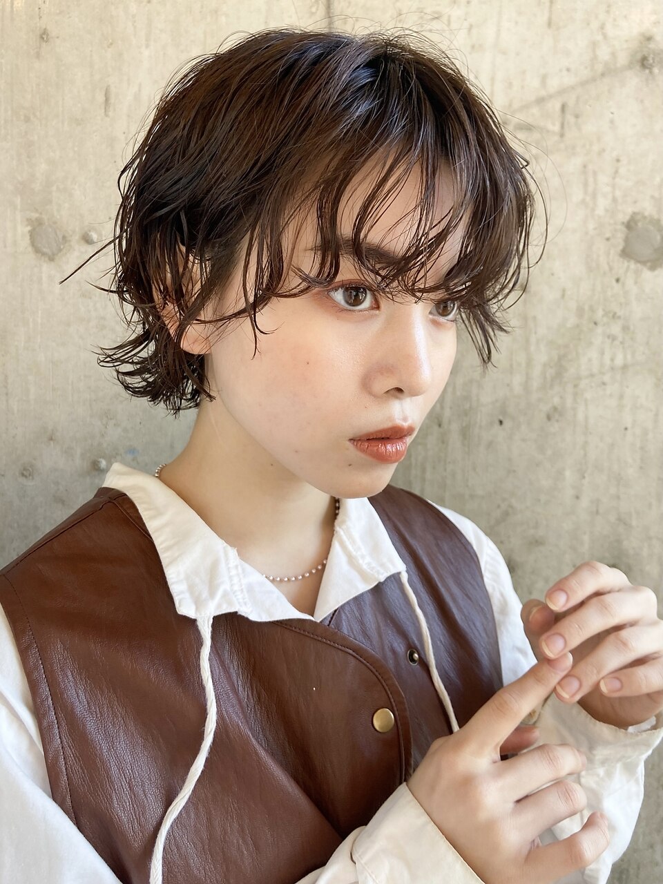 ショートレイヤーニュアンスカール大人かわいいショコラベージュ