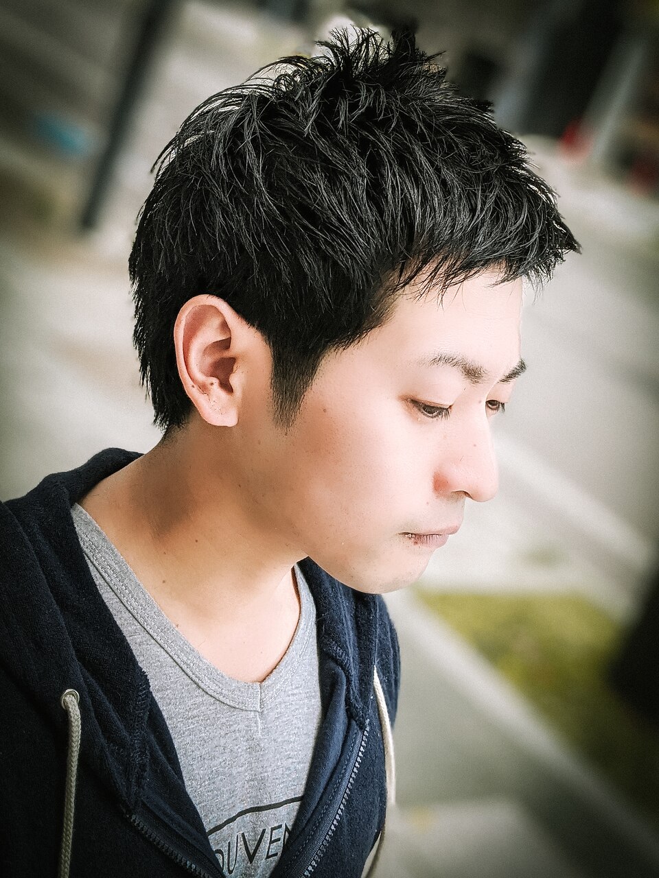 メンズ 黒髪アップバングショート