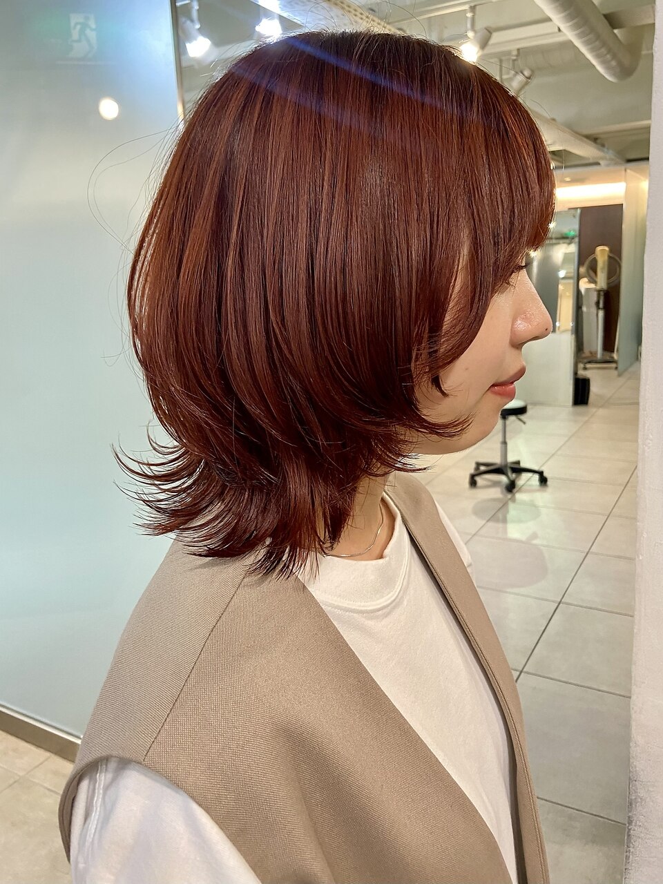 △ブリーチなし韓国風オレンジブラウンウルフヘアレイヤーカット