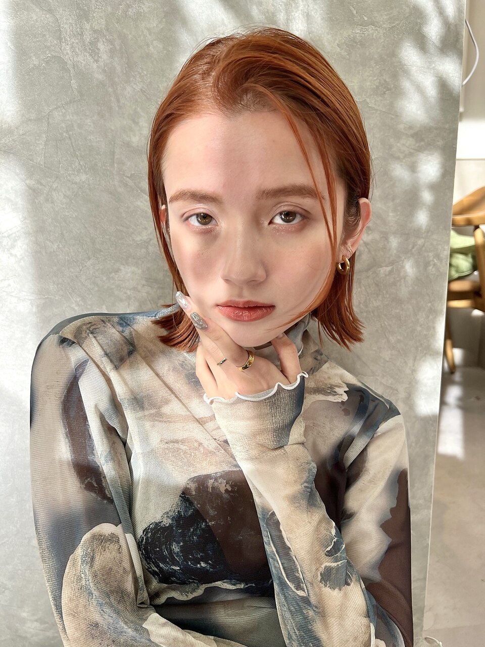 オレンジブラウン☆前髪なし大人ぱつっとボブ☆結べる長めボブ