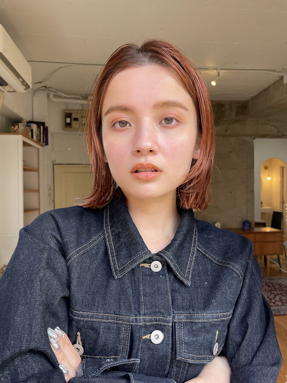 オレンジベージュ×ボブ/デザインカラー/矯正縮毛/ハイライト