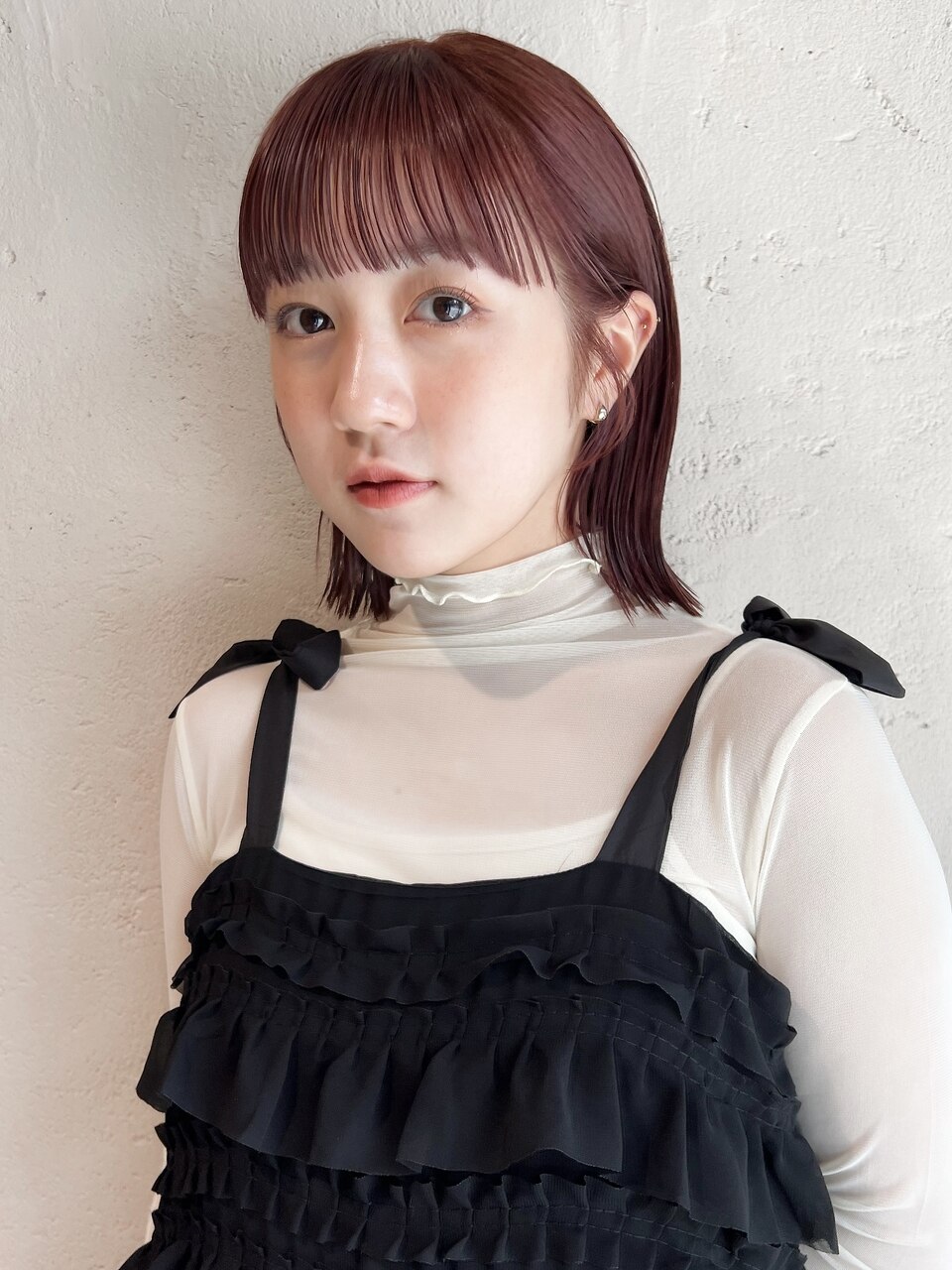切りっぱなしボブ×チェリーピンク×ピンクカラー×10代20代30代