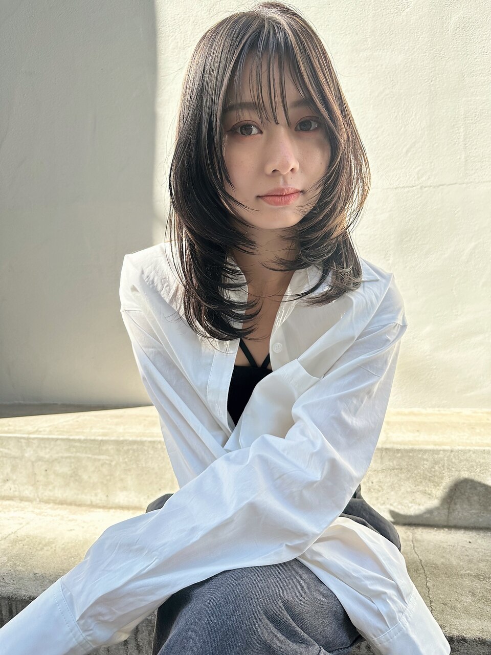 韓国内巻きレイヤーロンググレーベージュ