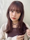 ピンクブラウン　くびれヘア　ワイドバンク　ぱっつん前髪