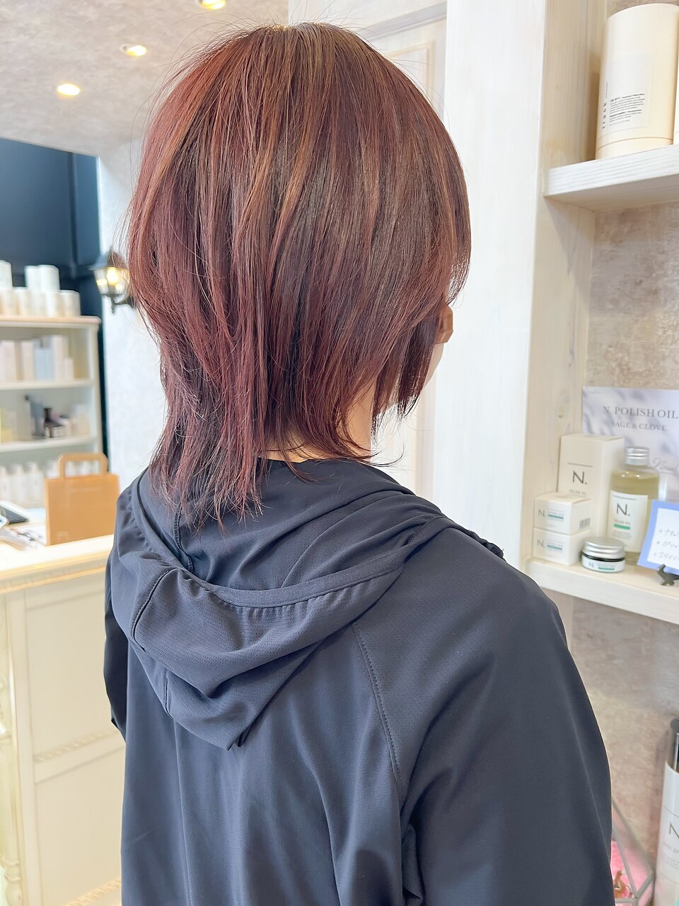 福山市美容室Caary人気ウルフ赤みルビーピンクカラー艶カラー