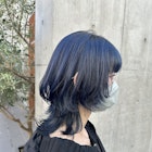 ブルーブラックロングウルフカットレイヤーカット美髪イメチェン