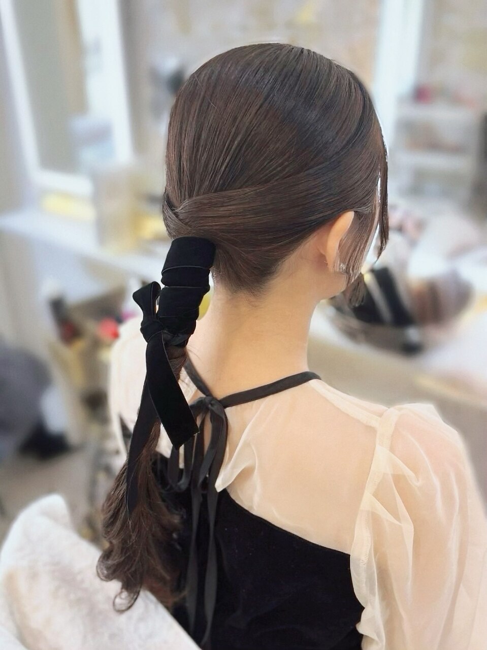結婚式 二次会 パーティー お呼ばれ タイトポニー×ベロアリボン