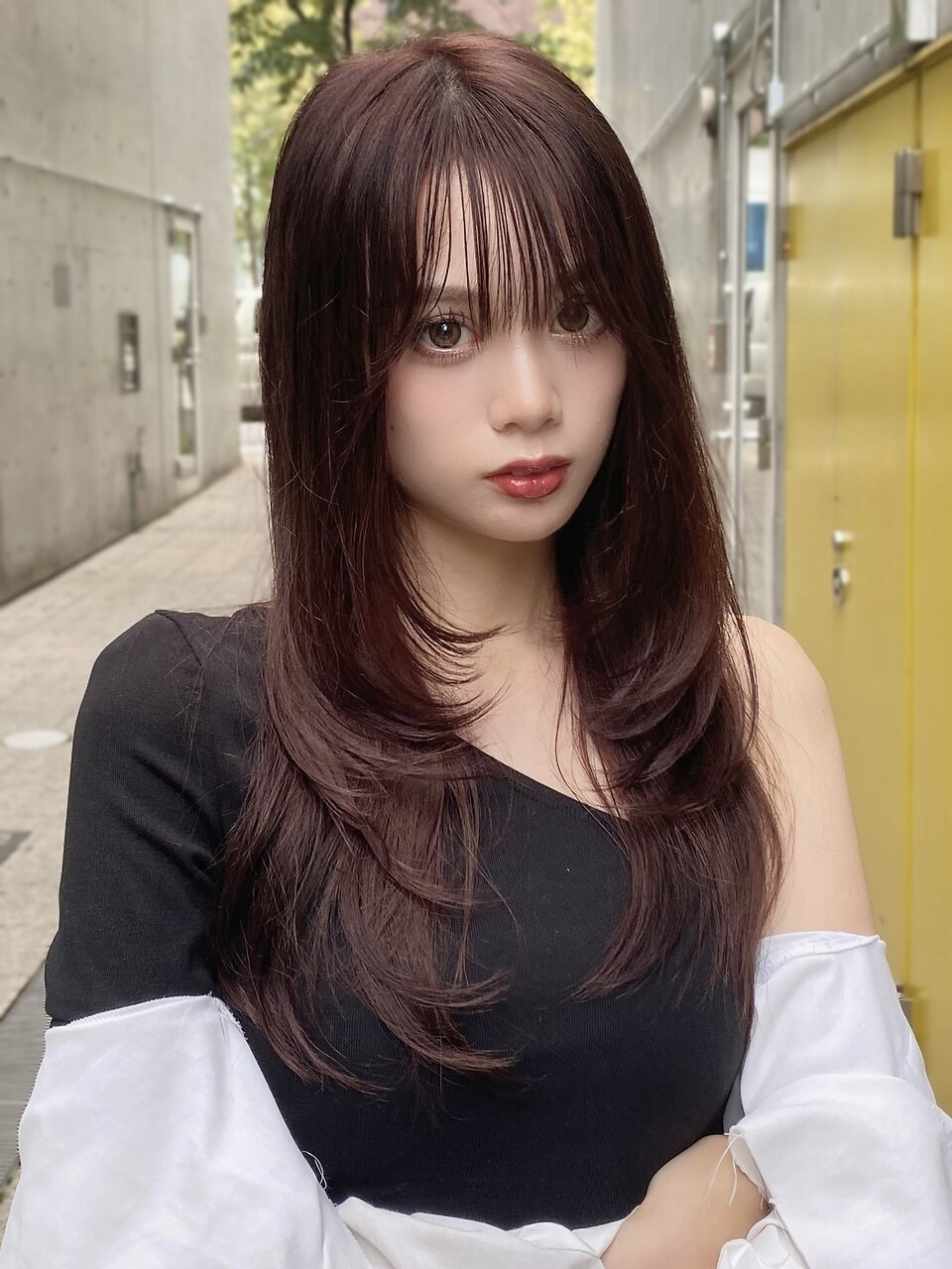 ザクザクレイヤー☆ブリーチなしチェリーカラー☆小顔レイヤー☆