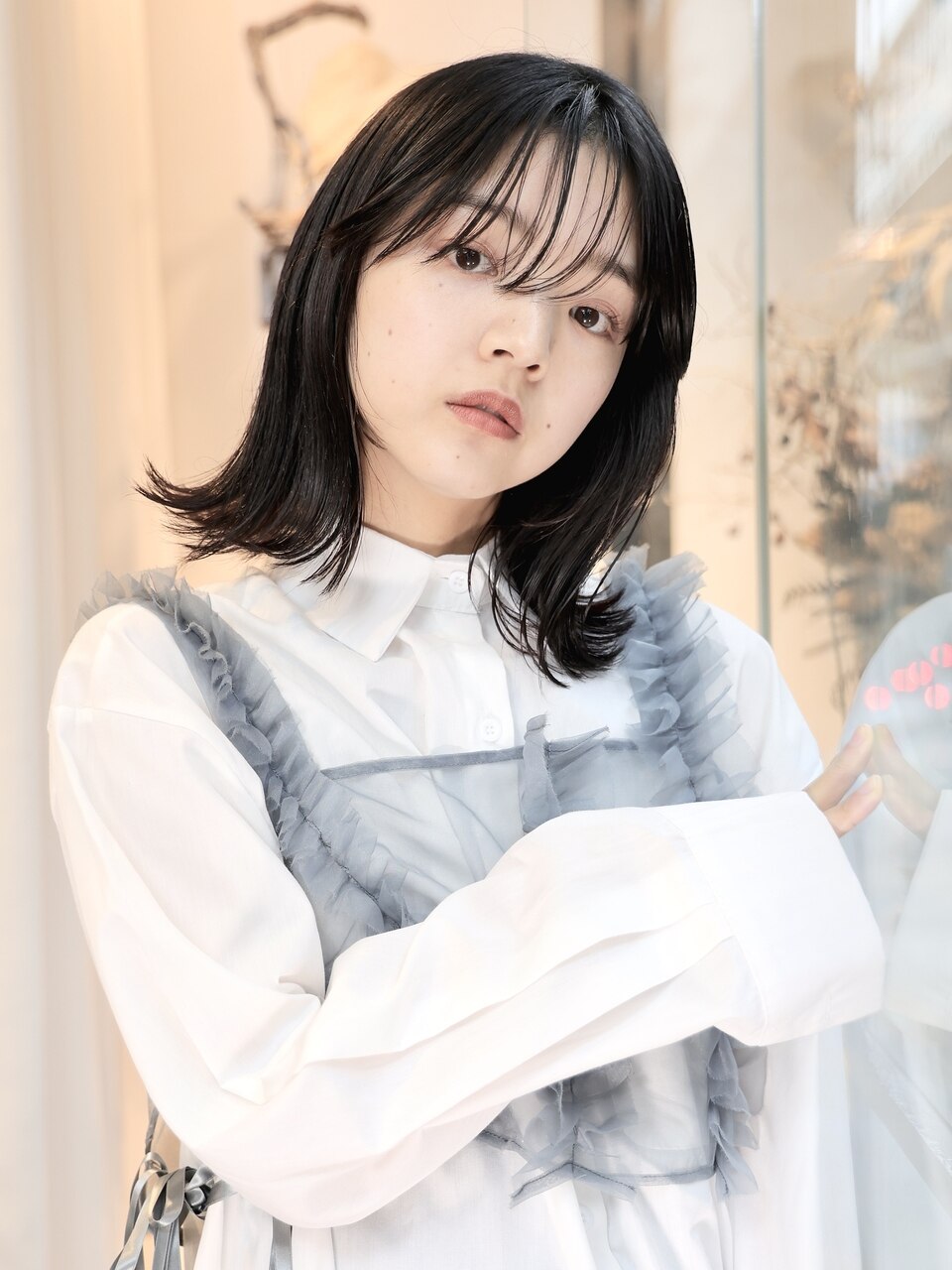 長めバング/透け感/黒髪/外ハネ/ウェットヘア/自由が丘