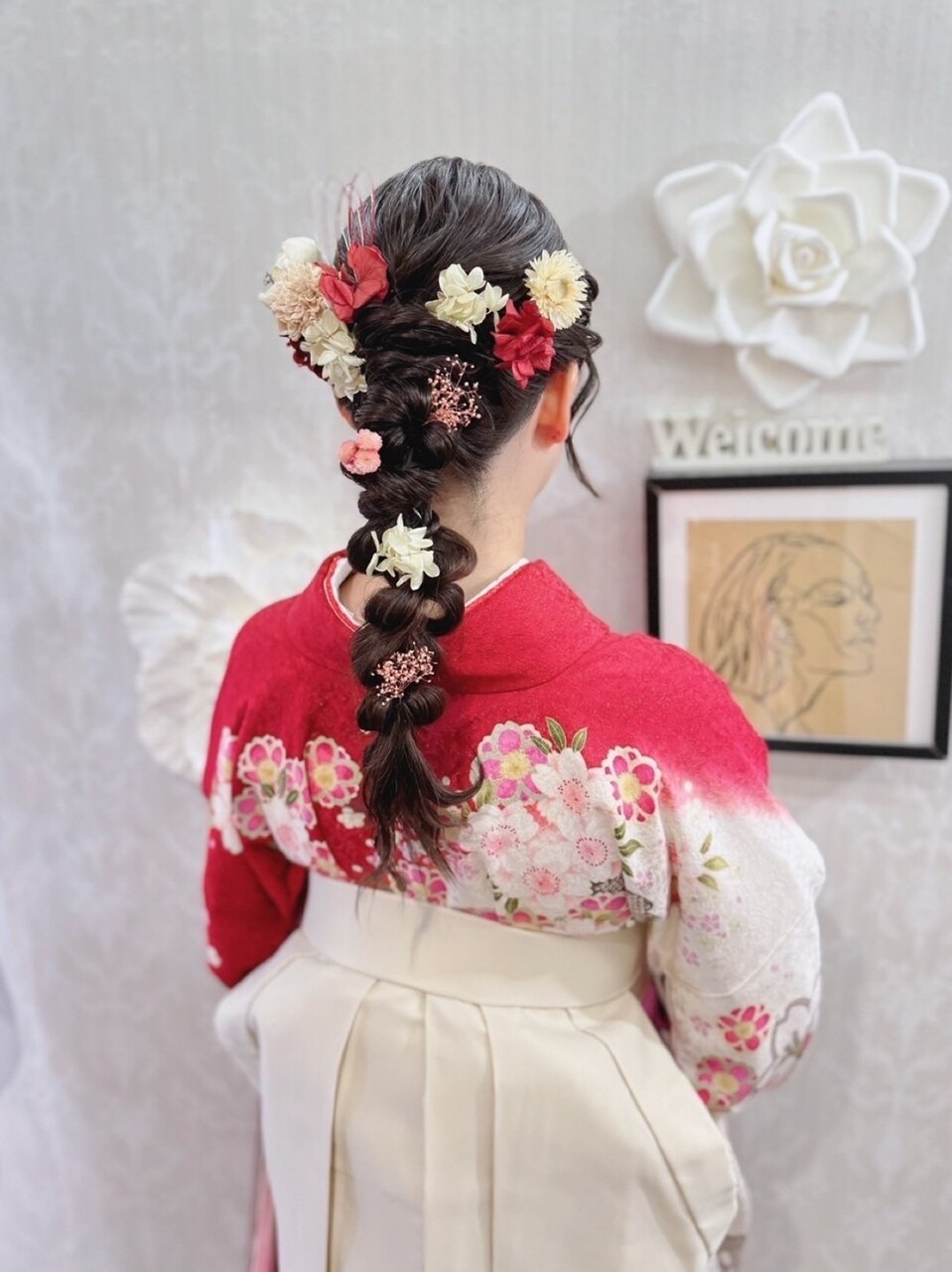 卒業式 袴着付け 編みおろしポニー×花飾り