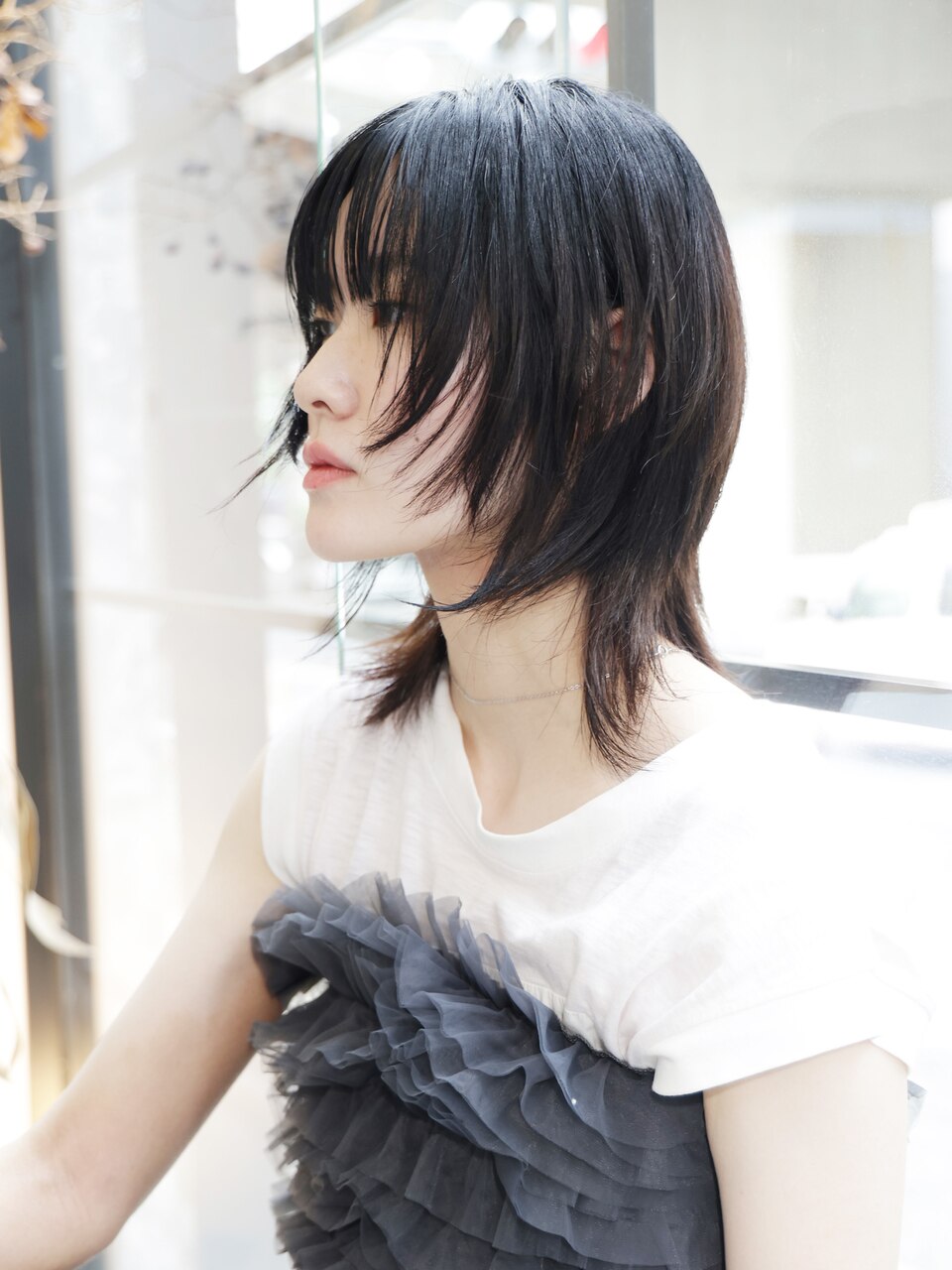 アッシュブラック/レイヤーカット/ミディアムウルフ/自由が丘