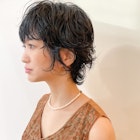 黒髪ウルフショートパーマスタイルウェーブカール広島市美容院