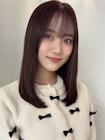ミディアムレイヤーピンクブラウン顔まわりレイヤー前髪カット