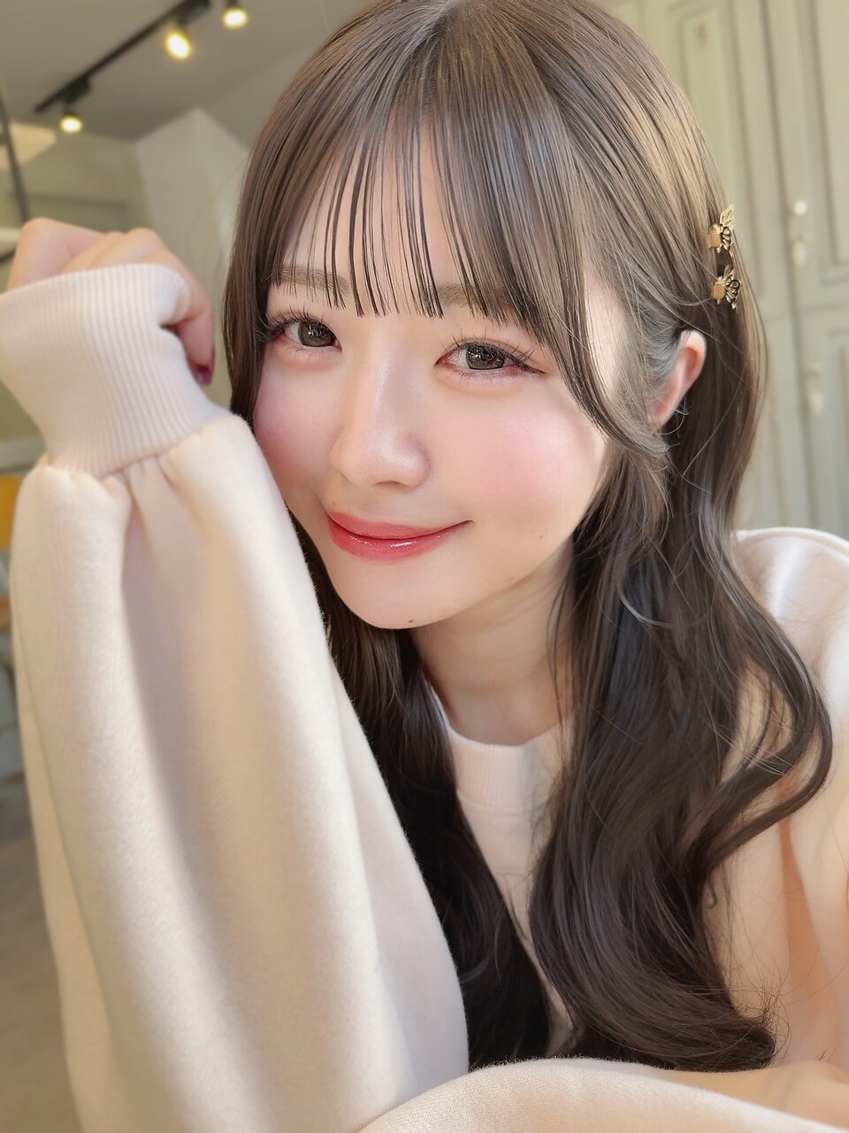 カーキアッシュオリーブカラー波ウェーブ韓国シースルーぱっつん