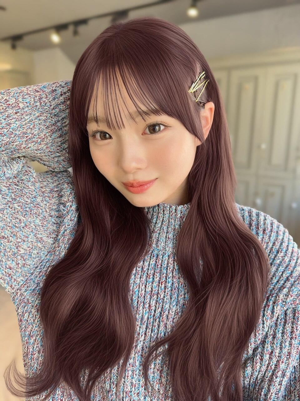 ボルドーカラー/ラベンダーピンク/ブリーチなし/シースルー前髪