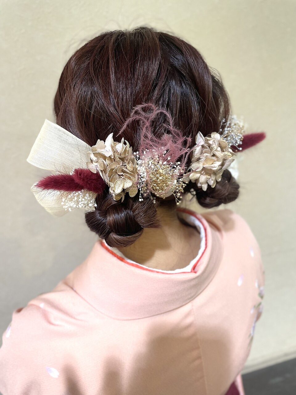 卒業式ヘアアレンジ、袴着付け ツインお団子