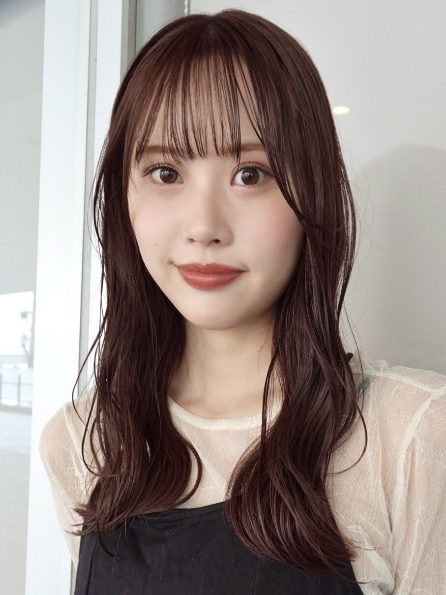 ココアブラウン ローズブラウン 波巻き ラウンドバング ロング