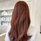 福山人気ブリーチなしオレンジブラウン高発色カラー巻き髪ロング