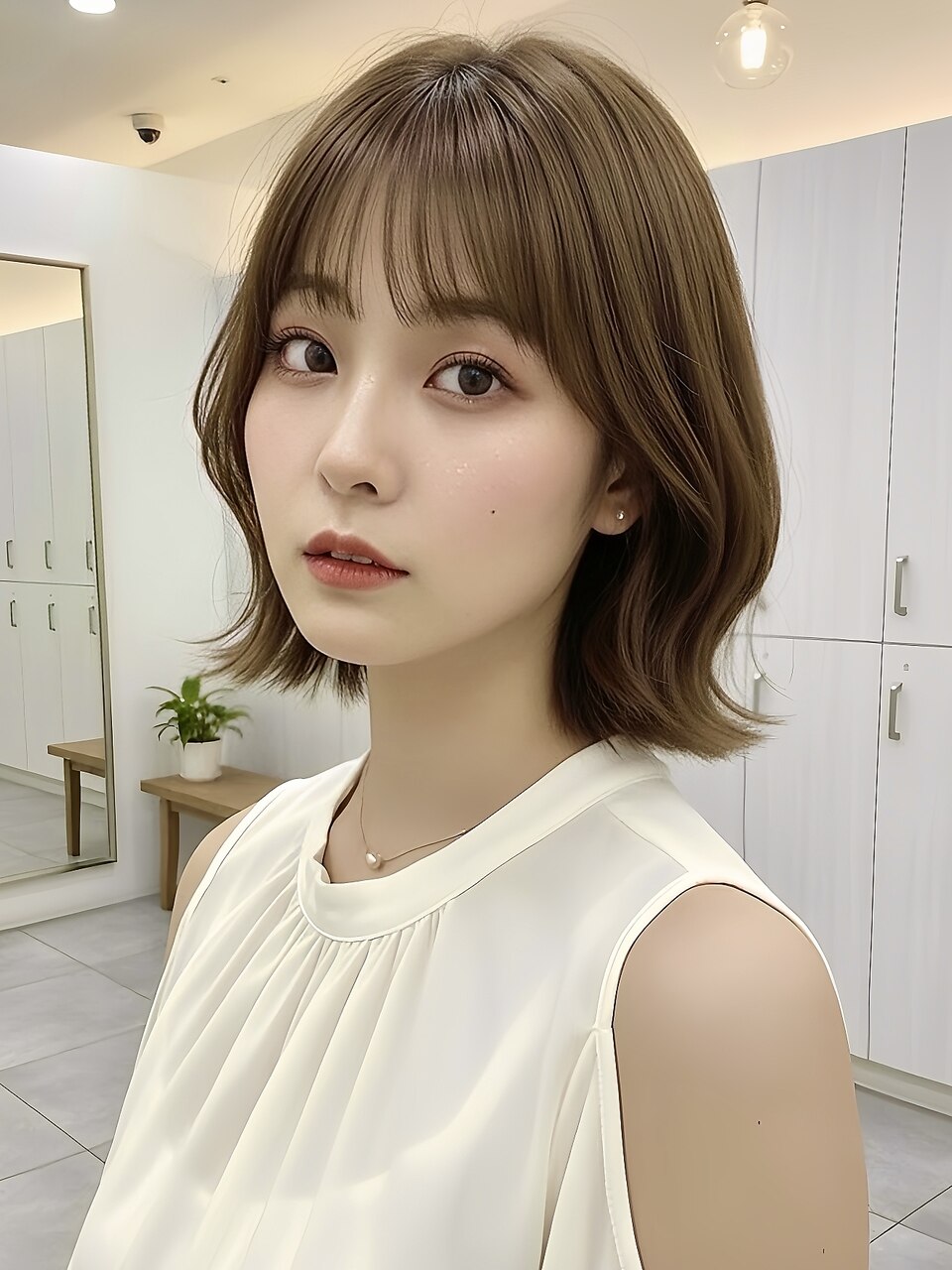 韓国風ミルクティーブラウン×外ハネボブ／やわらか透明感カラー