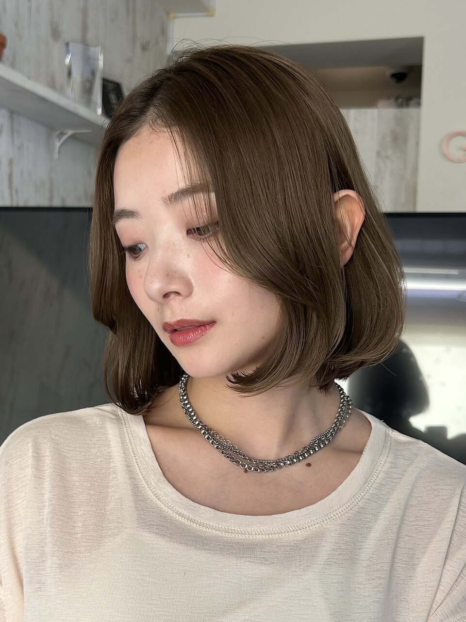 前髪なしボブ/ボブ /流し前髪/内巻きボブ/オリーブブラウン