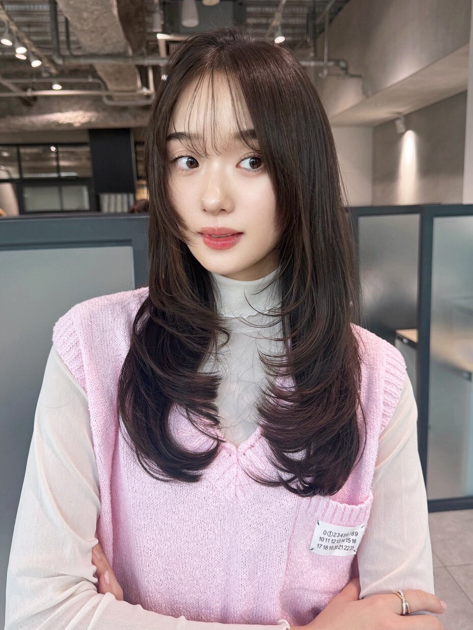 韓国ヘア前髪カットロング顔周りレイヤー_F41408