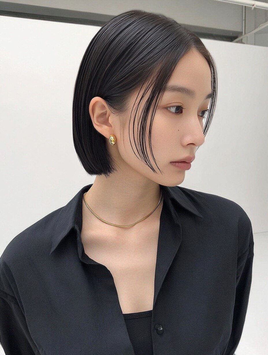 切りっぱなし長め外ハネボブ艶暗髪シースルーバング