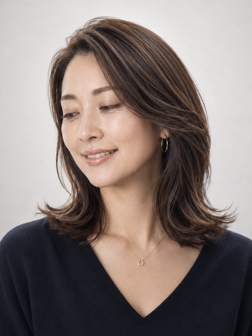 大人女性に大人気ミディアムローレイヤー 白髪ぼかし