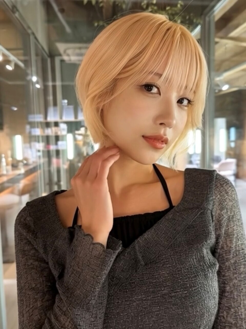 #ブロンド#ミニボブ#シースルーバング#顔周りレイヤー#20代#30代