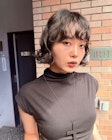 前髪あり黒髪レイヤーボブパーマ